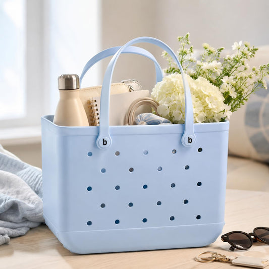 Large Tote Beach Bag, Eva Foam, Light Blue, 18" L X 9" W X 14" H, Waterproof and Sandproof, Washable, Ventilated, for Beach, Pool, Groceries, Work, Sports