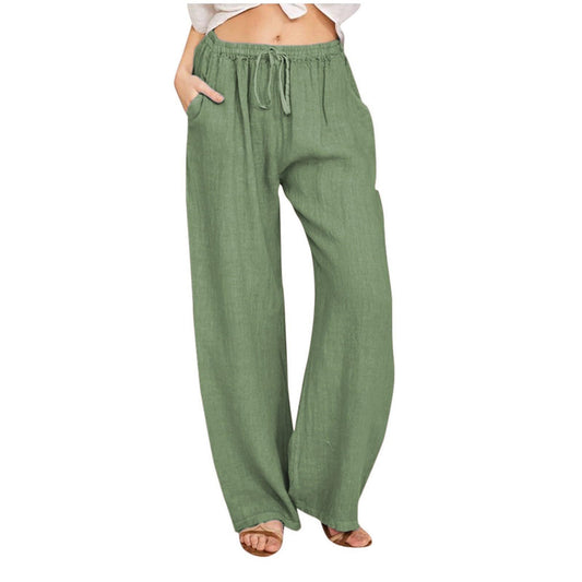 Womens Linen Pants Summer Solid Drawstring High Waist Palazzo Pants Loose Comfy Wide Leg Yoga Pants with Pockets Cozy Cotton Pants Summer Pants for Women 2024 Wide Leg Linen Pants Travel Pants