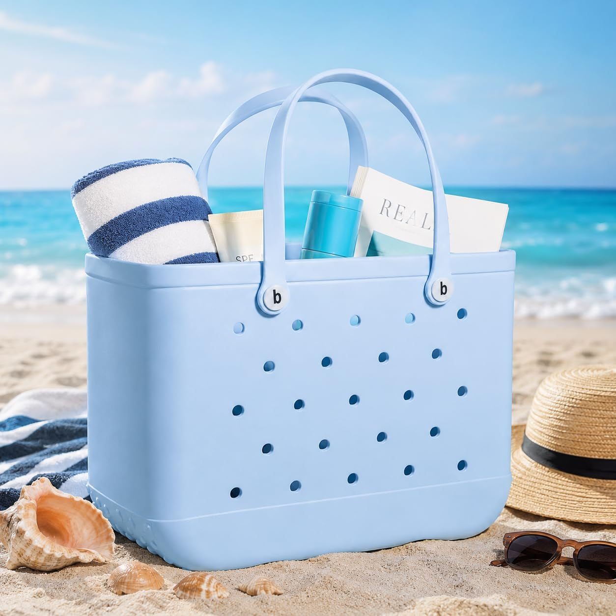 Large Tote Beach Bag, Eva Foam, Light Blue, 18" L X 9" W X 14" H, Waterproof and Sandproof, Washable, Ventilated, for Beach, Pool, Groceries, Work, Sports