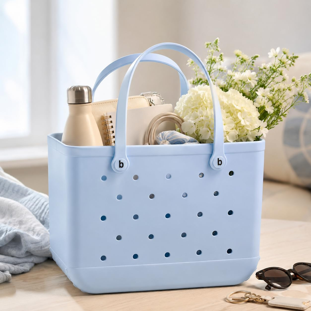 Large Tote Beach Bag, Eva Foam, Light Blue, 18" L X 9" W X 14" H, Waterproof and Sandproof, Washable, Ventilated, for Beach, Pool, Groceries, Work, Sports