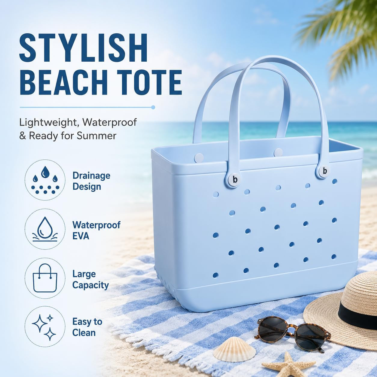Large Tote Beach Bag, Eva Foam, Light Blue, 18" L X 9" W X 14" H, Waterproof and Sandproof, Washable, Ventilated, for Beach, Pool, Groceries, Work, Sports