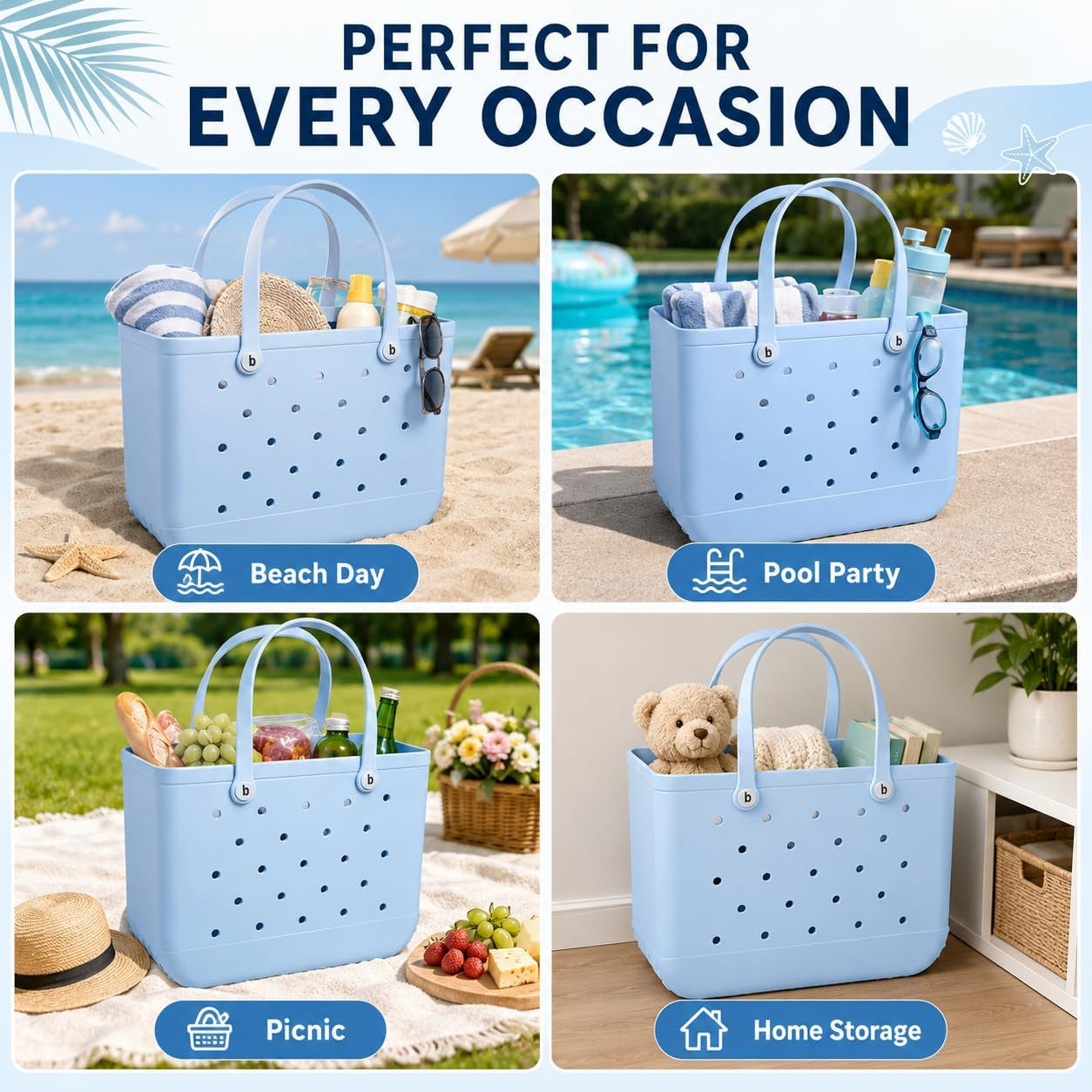 Large Tote Beach Bag, Eva Foam, Light Blue, 18" L X 9" W X 14" H, Waterproof and Sandproof, Washable, Ventilated, for Beach, Pool, Groceries, Work, Sports