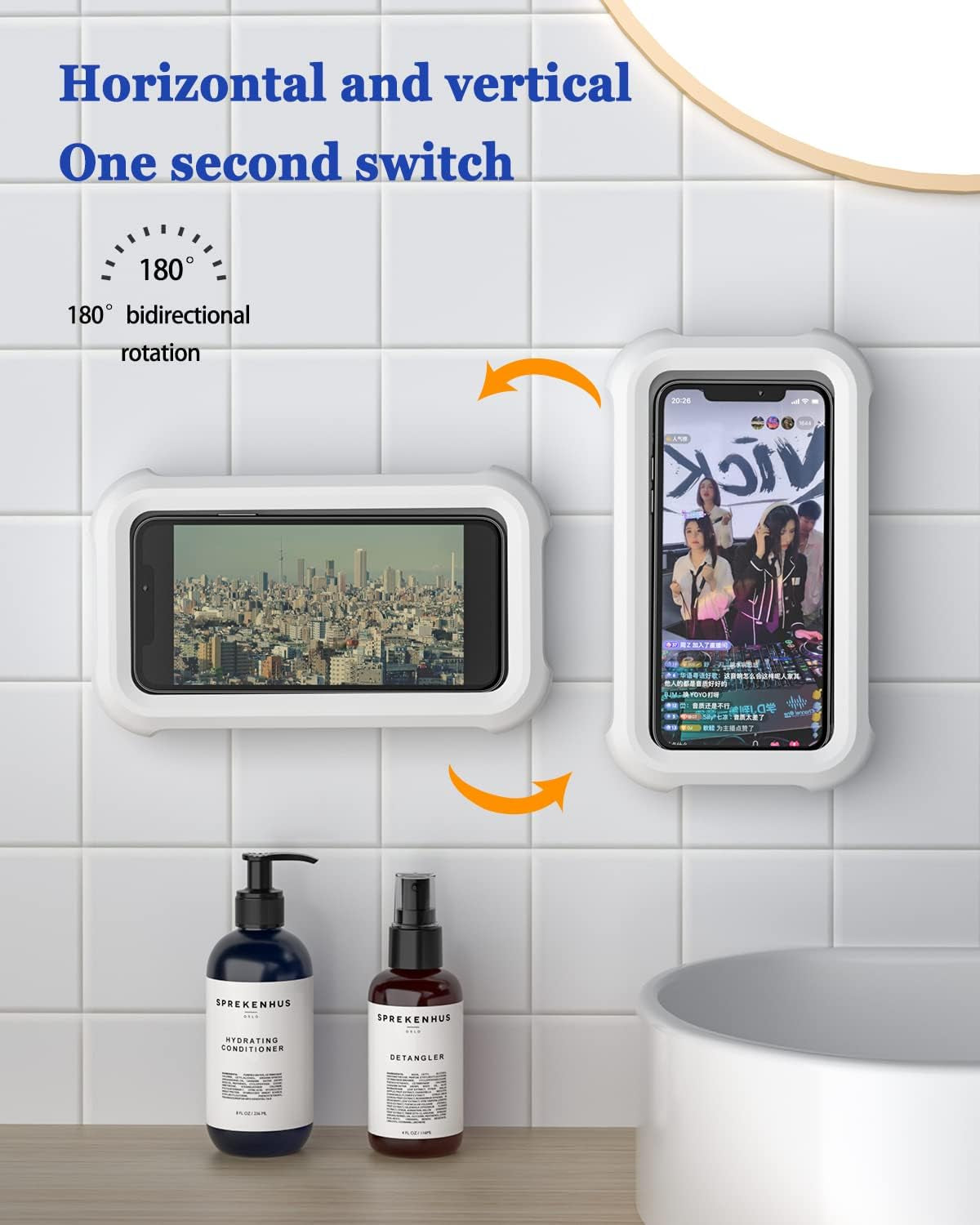 Waterproof Shower Phone Holder with 360° Rotation, Angle Adjustable, Wall Mounted Phone Holder for Bathroom Mirror Bathtub Kitchen, up to 6.8 Inch (Upgraded)